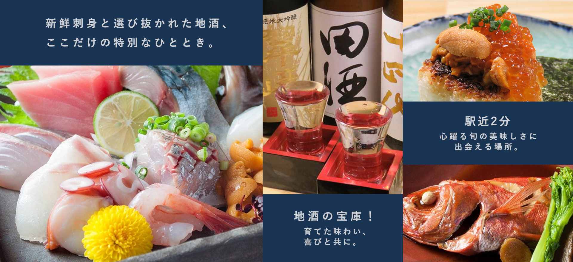新鮮刺身と選び抜かれた地酒、ここだけの特別なひととき。地酒の宝庫！育てた味わい、喜びと共に。駅近2分、心躍る旬の美味しさに出会える場所。
